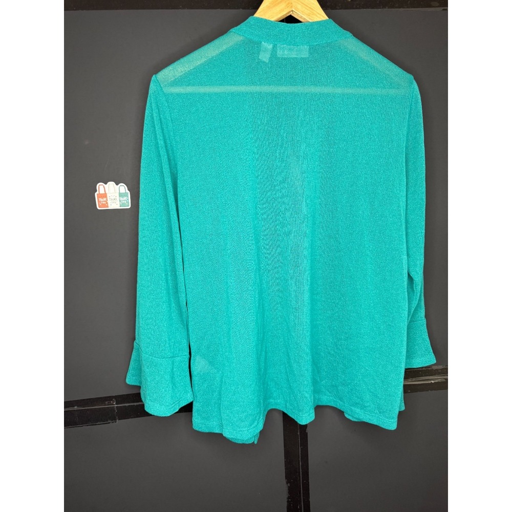 Susan Graver Novelty Knit Open Front 3/4-Flounce Sleeve Cardigan Teal T: M #43" - Picture 6 of 6